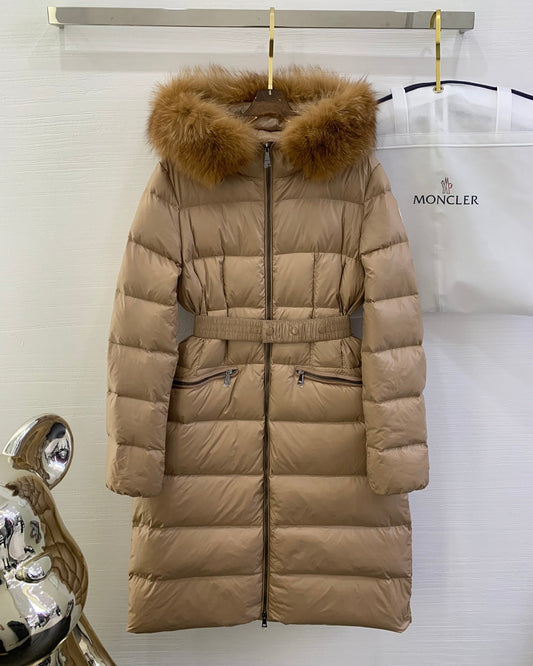Women’s Luxury Moncler-Style Long Puffer Coat with Shearling Trim and Hood-Style259