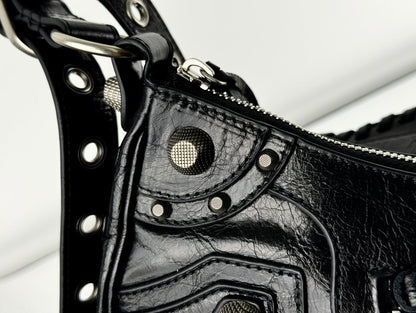 LE CAGOLE LARGE SHOULDER BAG 33 WITH RHINESTONES IN BLACK ARENA LAMBSKIN SILVER HARDWARE