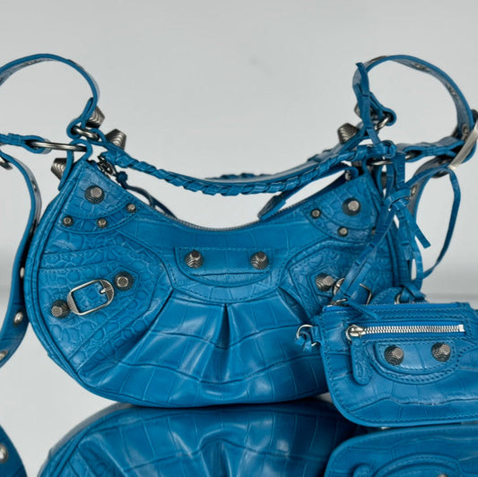 LE CAGOLE SMALL SHOULDER BAG 26 WITH RHINESTONES IN DODPER BLUE CROCODILE EMBOSSED CALFSKIN