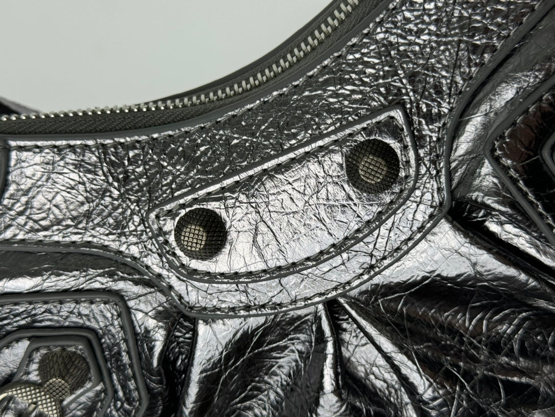 LE CAGOLE SMALL SHOULDER BAG 26 WITH RHINESTONES IN SILVER METALLIC ARENA LAMBSKIN