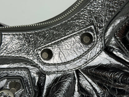 LE CAGOLE SMALL SHOULDER BAG 26 WITH RHINESTONES IN SILVER METALLIC ARENA LAMBSKIN