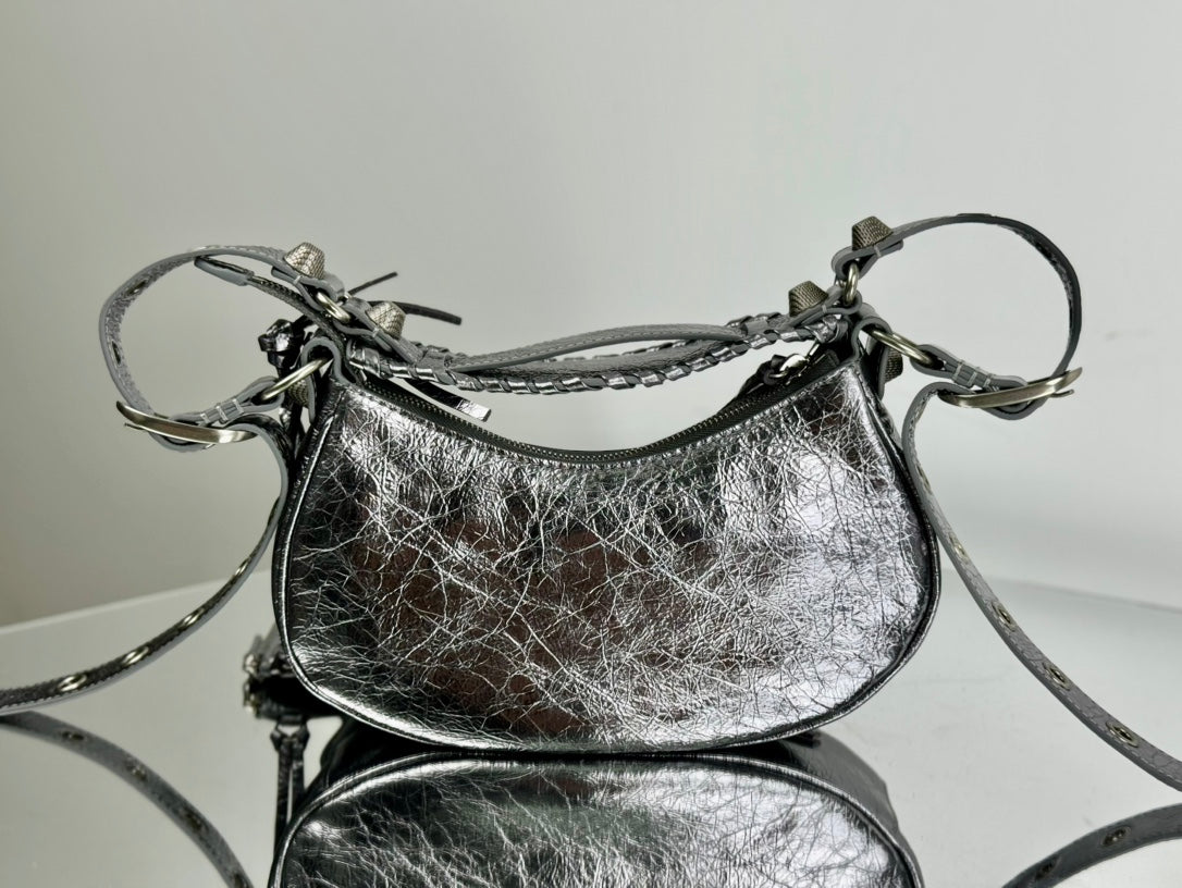LE CAGOLE SMALL SHOULDER BAG 26 WITH RHINESTONES IN SILVER METALLIC ARENA LAMBSKIN