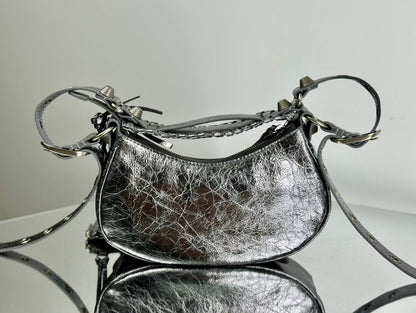 LE CAGOLE SMALL SHOULDER BAG 26 WITH RHINESTONES IN SILVER METALLIC ARENA LAMBSKIN
