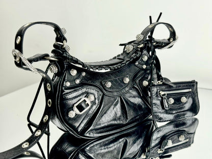 LE CAGOLE SMALL SHOULDER BAG 26 WITH RHINESTONES IN BLACK ARENA LAMBSKIN SILVER HARDWARE