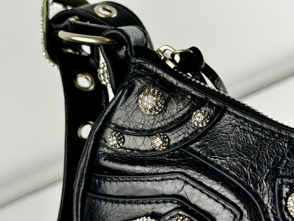 LE CAGOLE SMALL SHOULDER BAG 26 WITH RHINESTONES IN BLACK ARENA LAMBSKIN SILVER HARDWARE