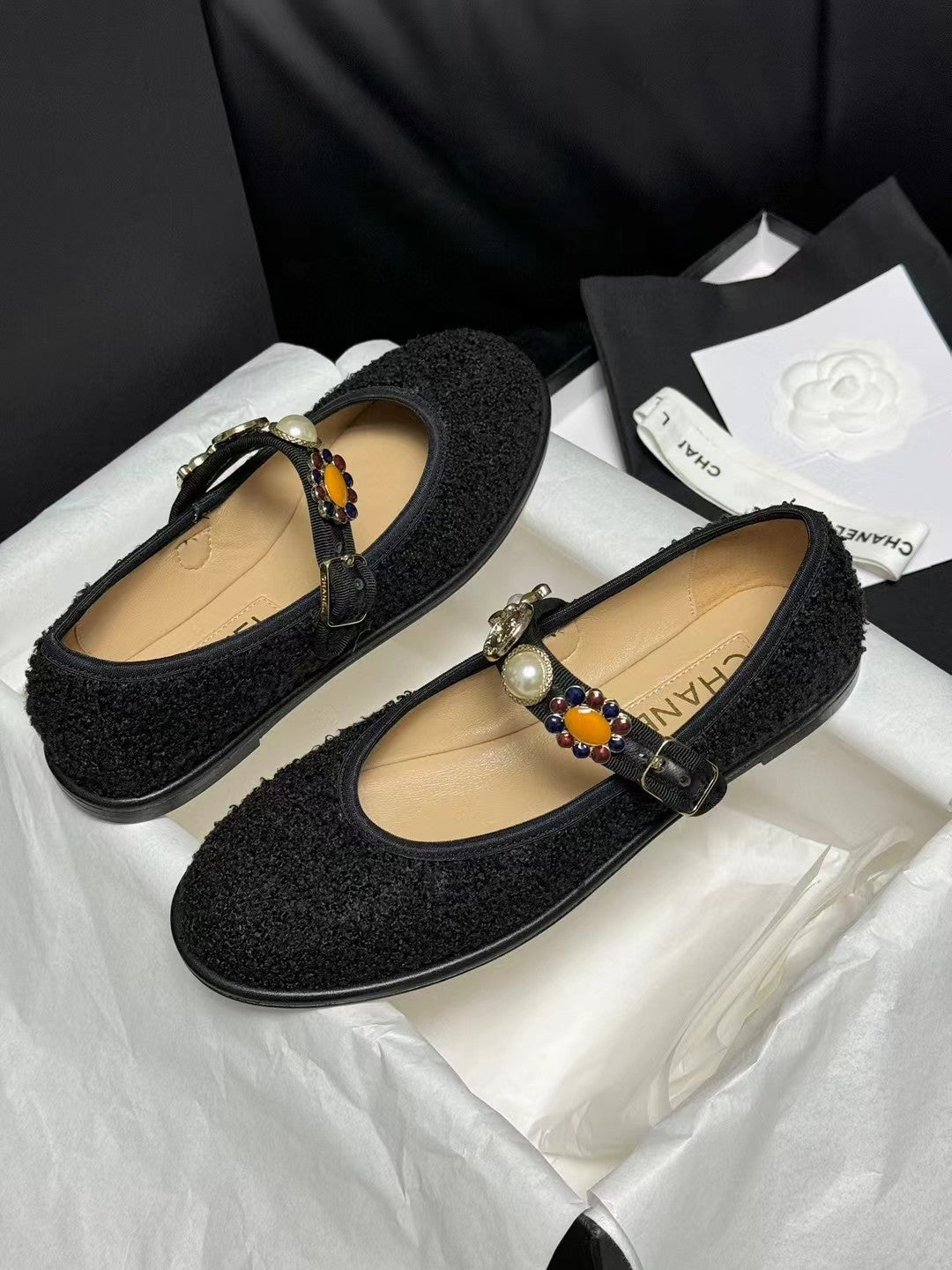 CC MARY JANES BLACK WOOL TWEED AND FABRIC