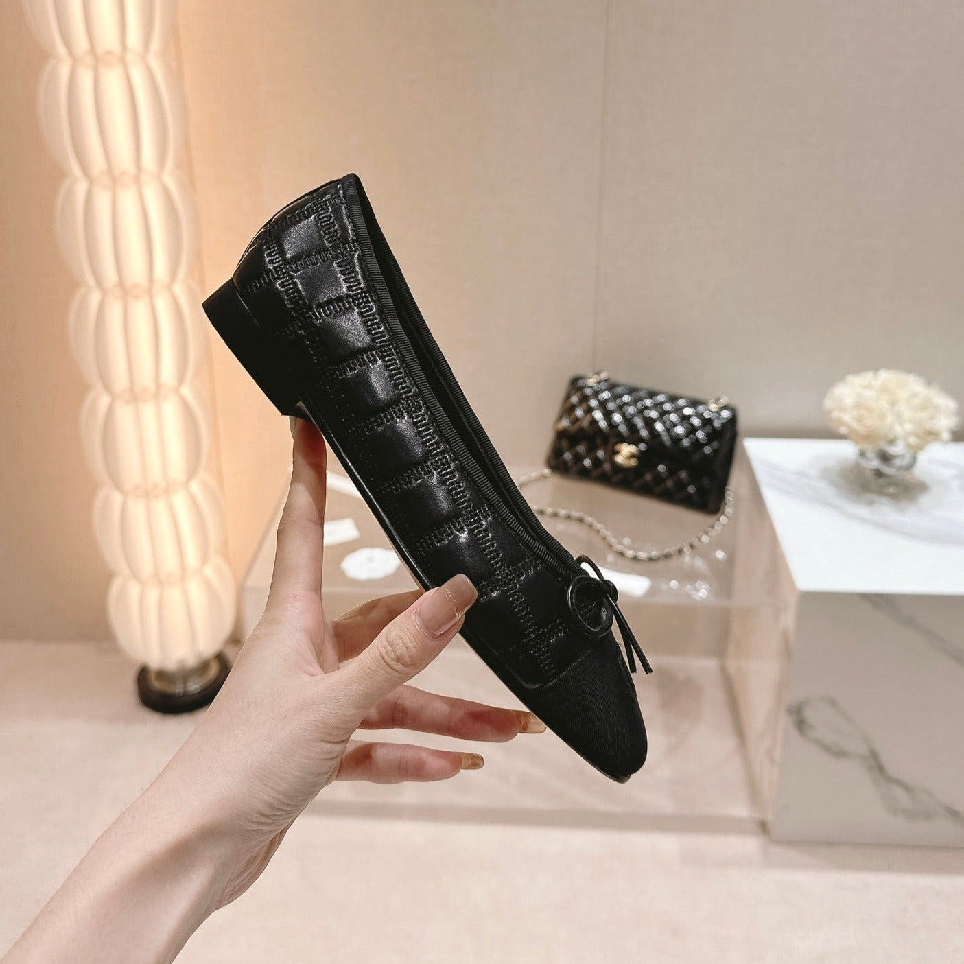 Double C New Ballet Flats Black Lambskin