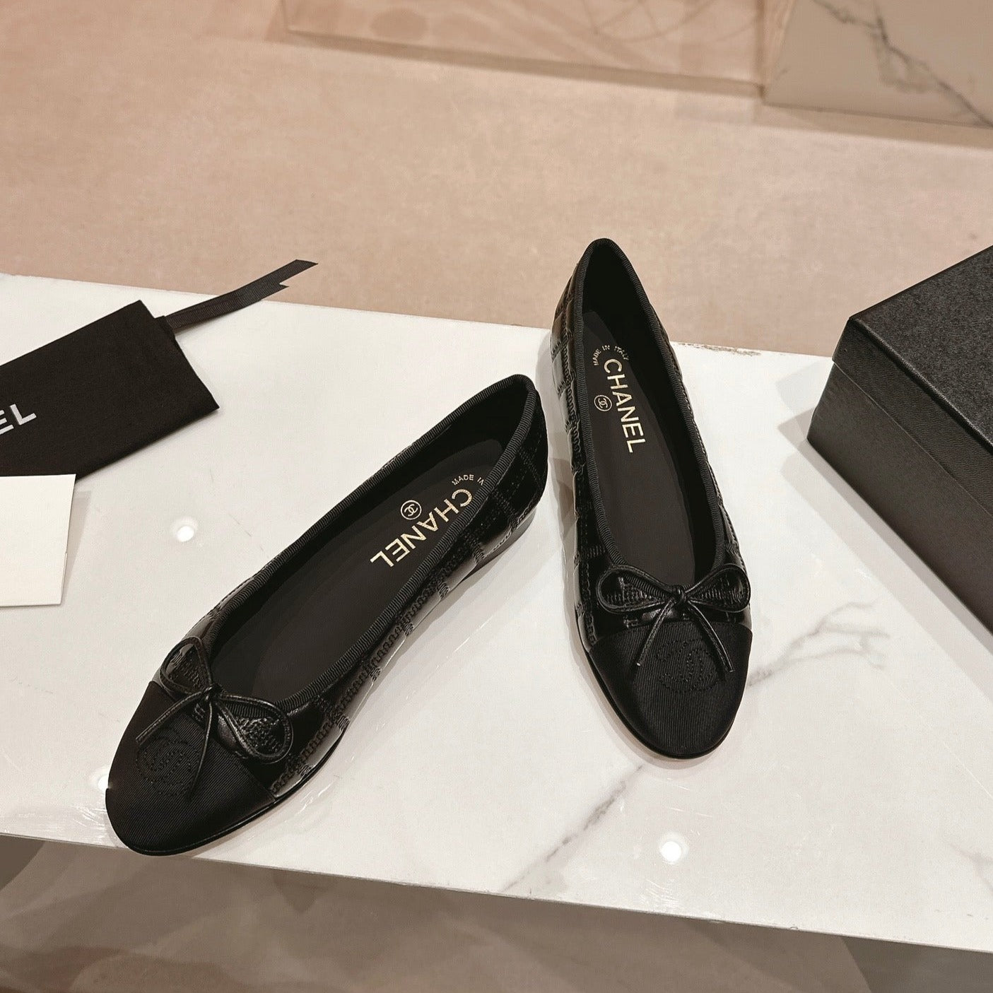 Double C New Ballet Flats Black Lambskin