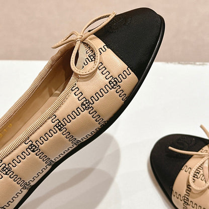 Double C New Ballet Flats Dark Cream Black Lambskin