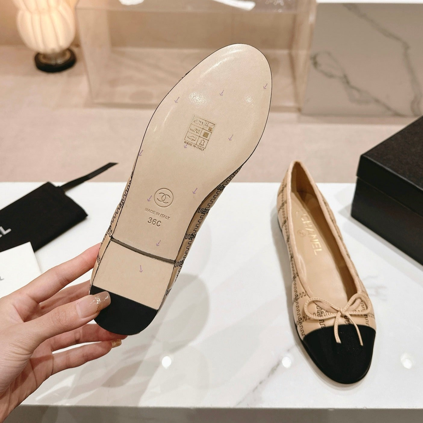 Double C New Ballet Flats Dark Cream Black Lambskin