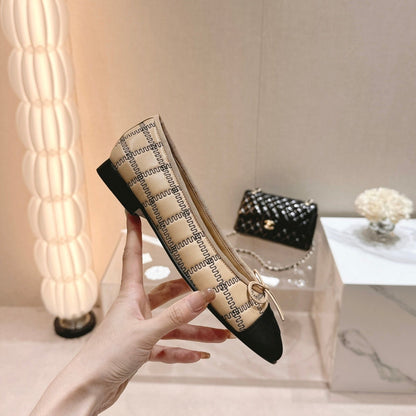 Double C New Ballet Flats Dark Cream Black Lambskin