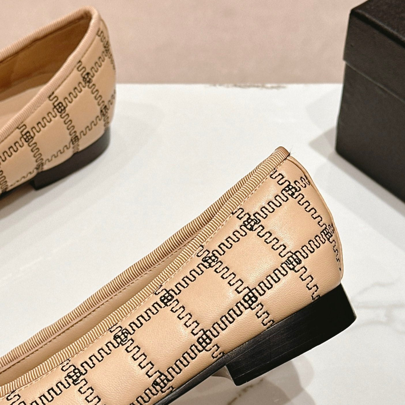 Double C New Ballet Flats Dark Cream Black Lambskin