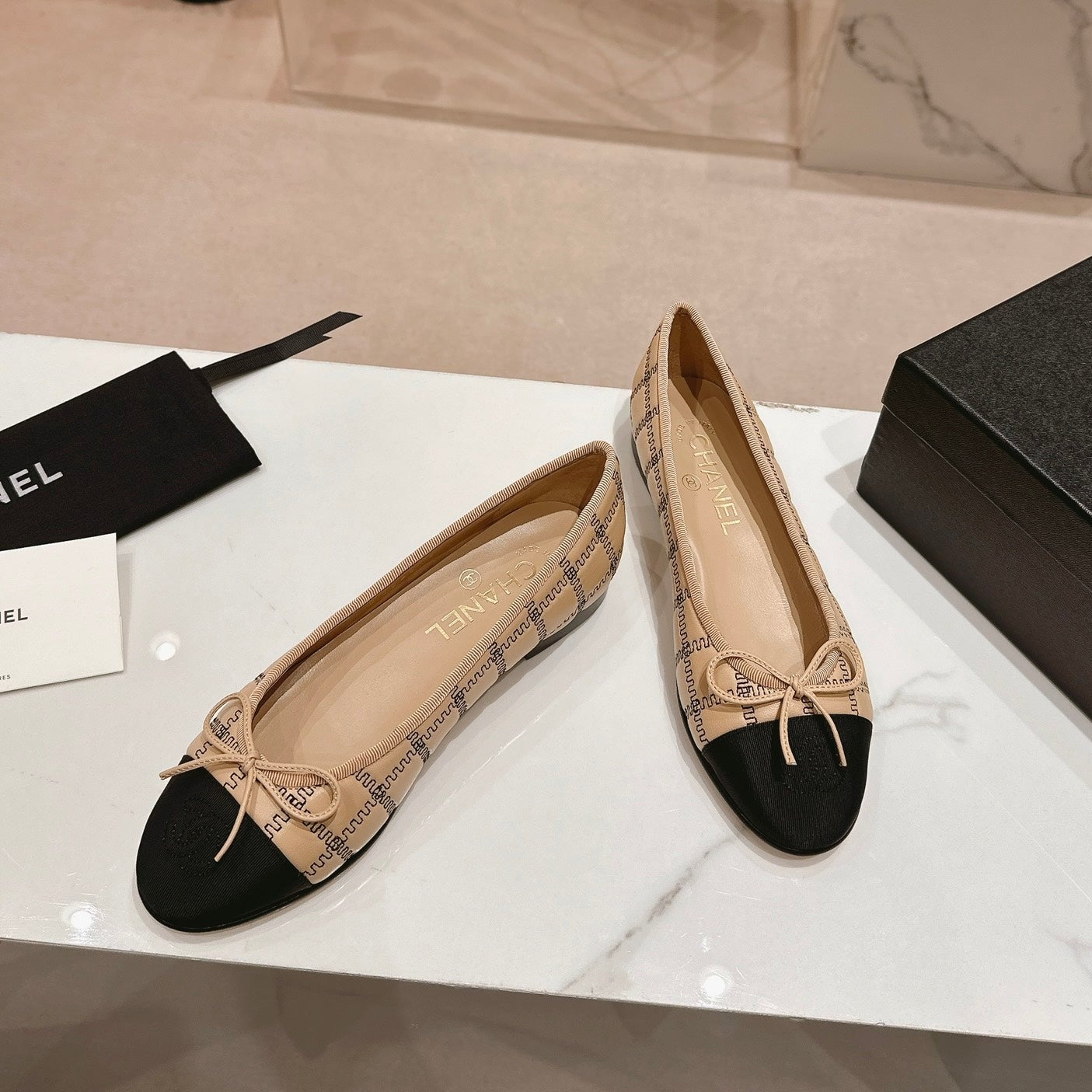 Double C New Ballet Flats Dark Cream Black Lambskin