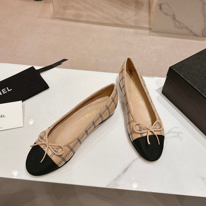 Double C New Ballet Flats Dark Cream Black Lambskin