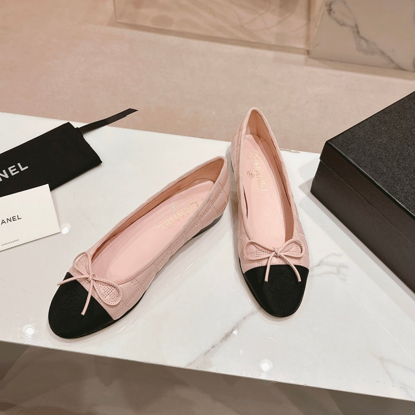 Double C New Ballet Flats Light Pink Black Lambskin