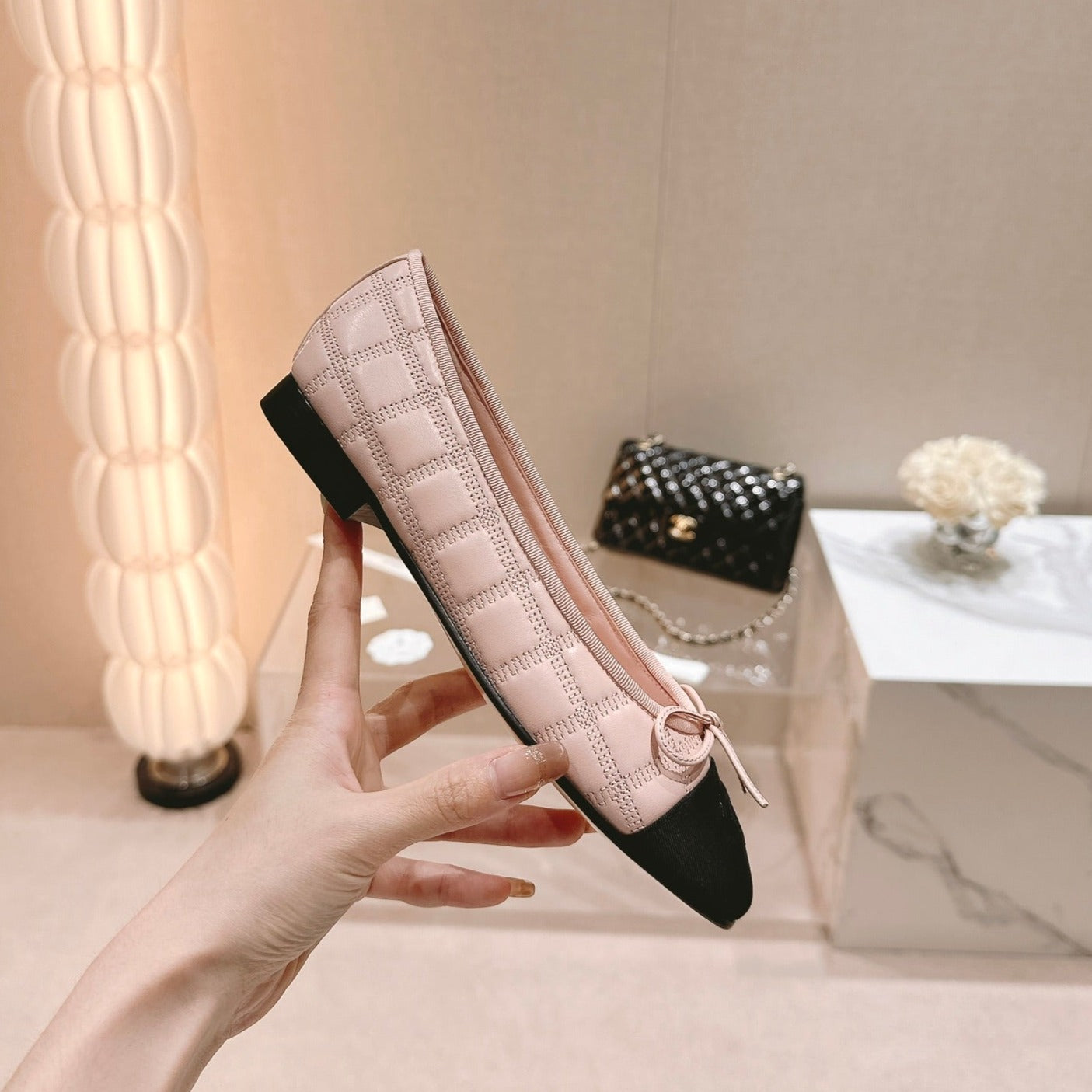 Double C New Ballet Flats Light Pink Black Lambskin