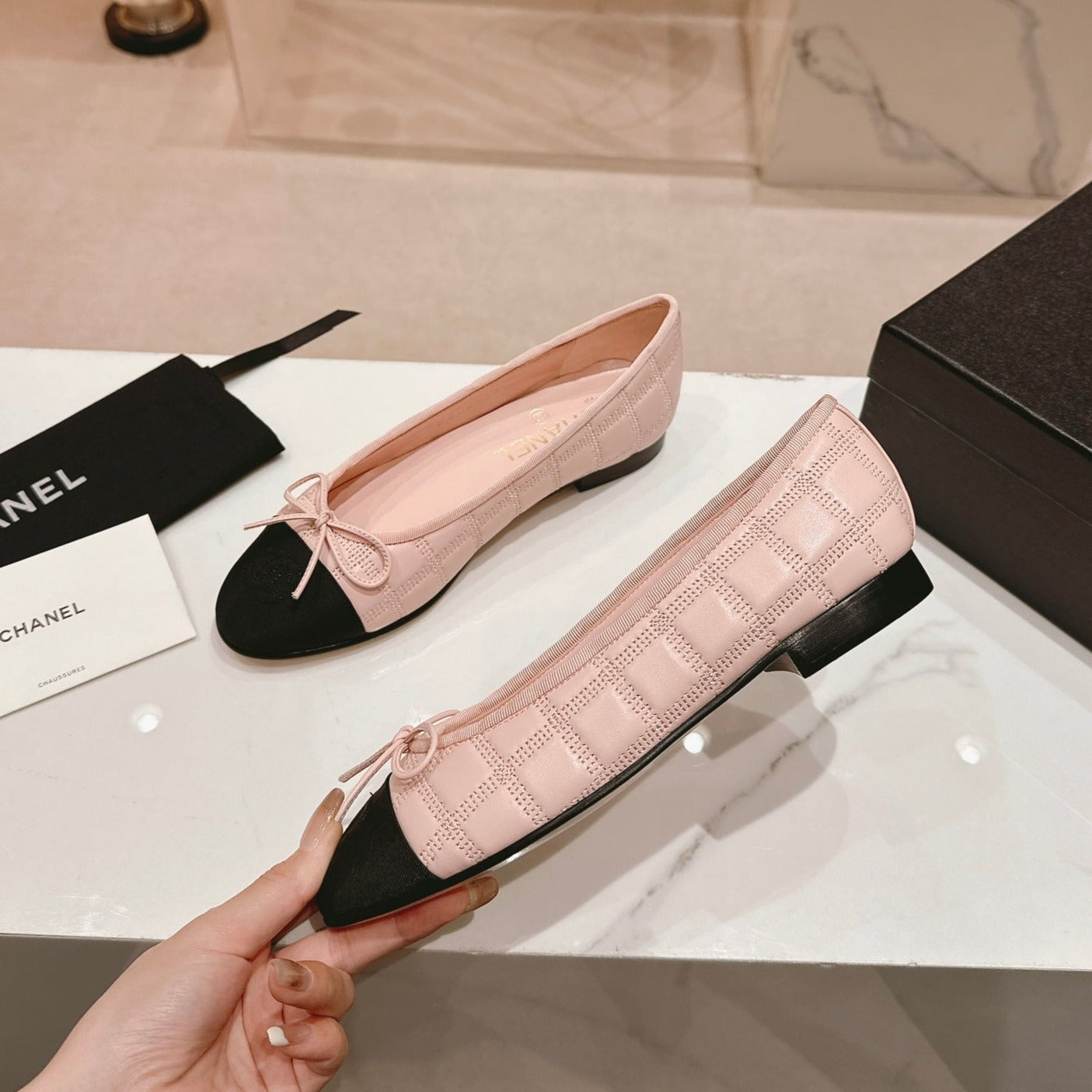 Double C New Ballet Flats Light Pink Black Lambskin