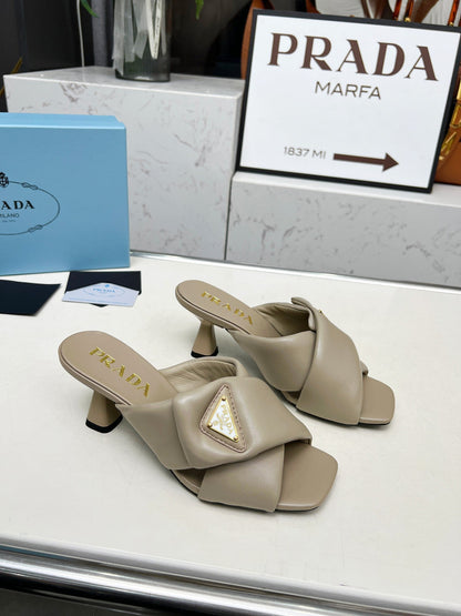 PRA CROSS MULE HEELS IN BEIGE CALFSKIN WITH PADDED STRAPS