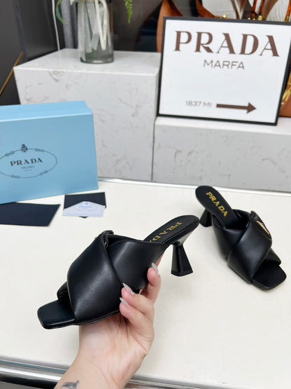 PRA CROSS MULE HEELS IN BLACK CALFSKIN WITH PADDED STRAPS