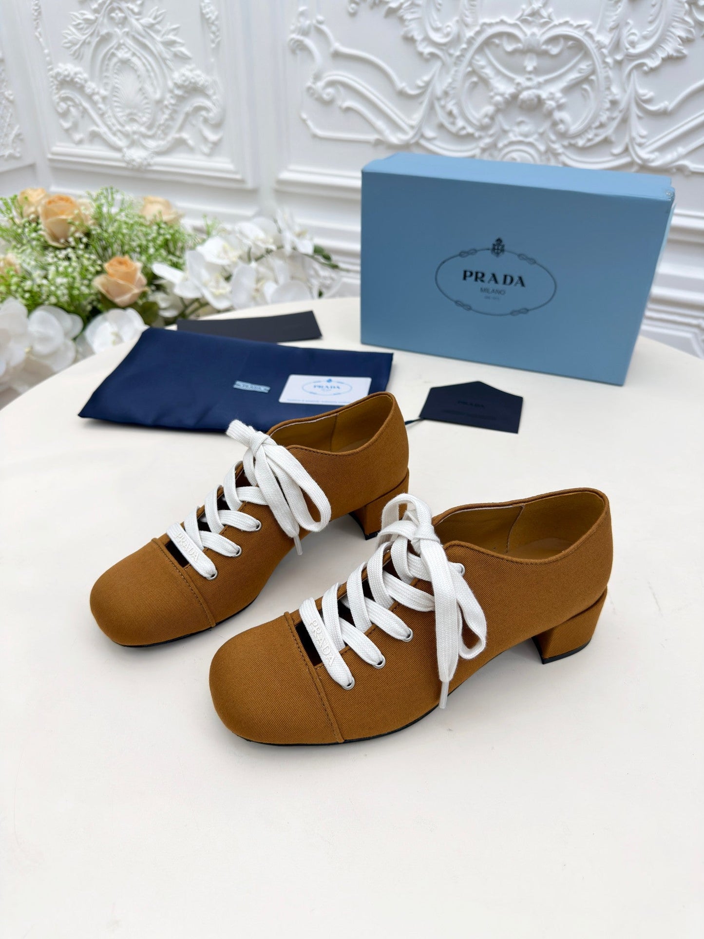 PRADA 25S MARY JANE SHOES 55 MM IN DARK CARAMEL BROWN CANVAS FABRIC