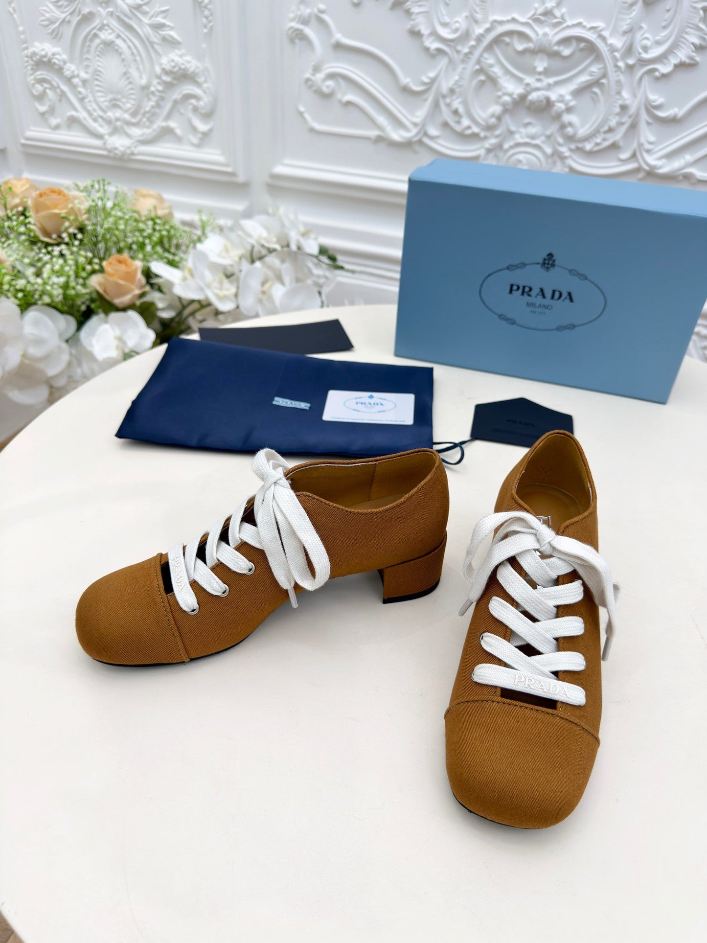 PRADA 25S MARY JANE SHOES 55 MM IN DARK CARAMEL BROWN CANVAS FABRIC