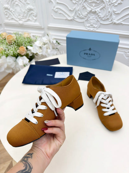 PRADA 25S MARY JANE SHOES 55 MM IN DARK CARAMEL BROWN CANVAS FABRIC