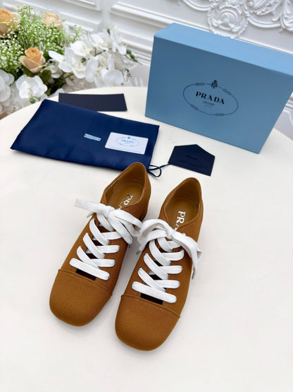 PRADA 25S MARY JANE SHOES 55 MM IN DARK CARAMEL BROWN CANVAS FABRIC