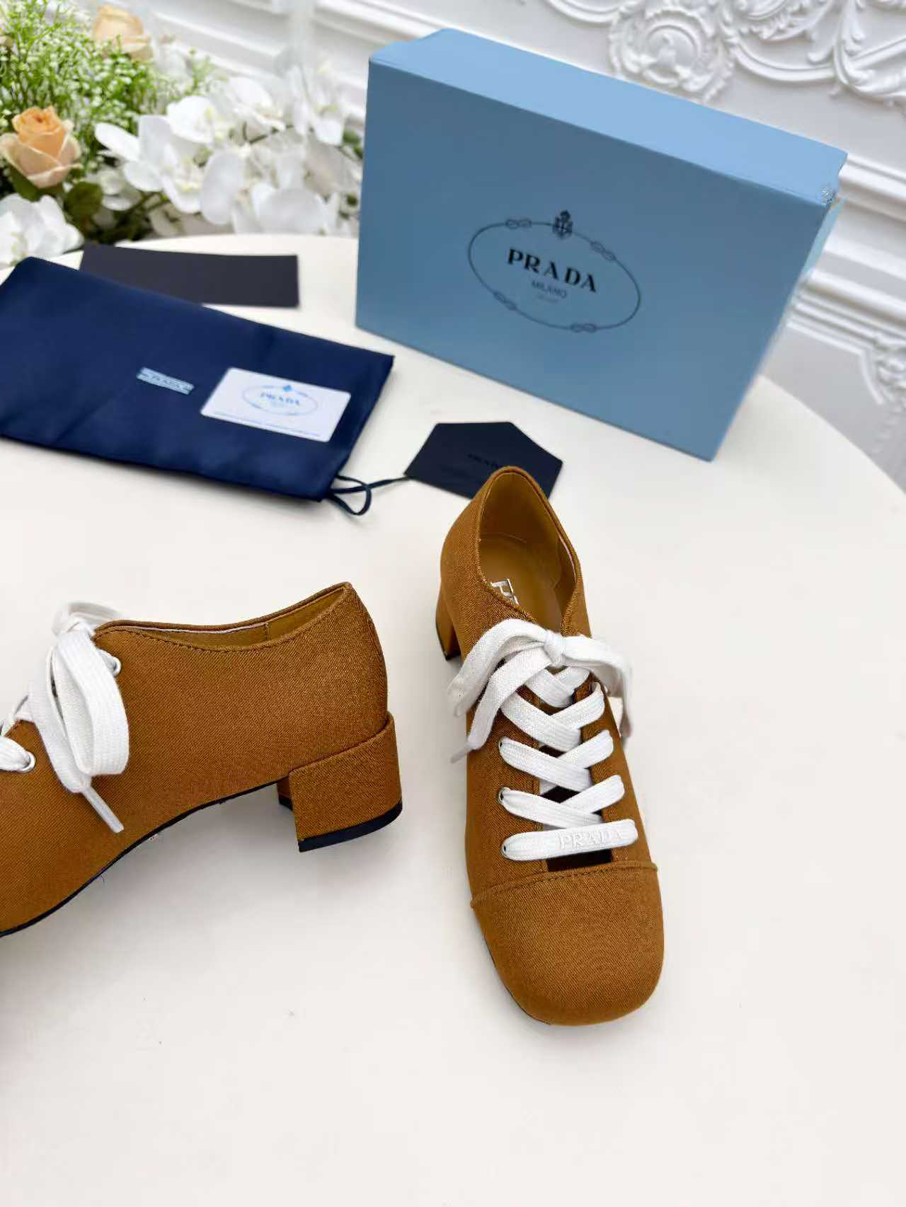 PRADA 25S MARY JANE SHOES 55 MM IN DARK CARAMEL BROWN CANVAS FABRIC