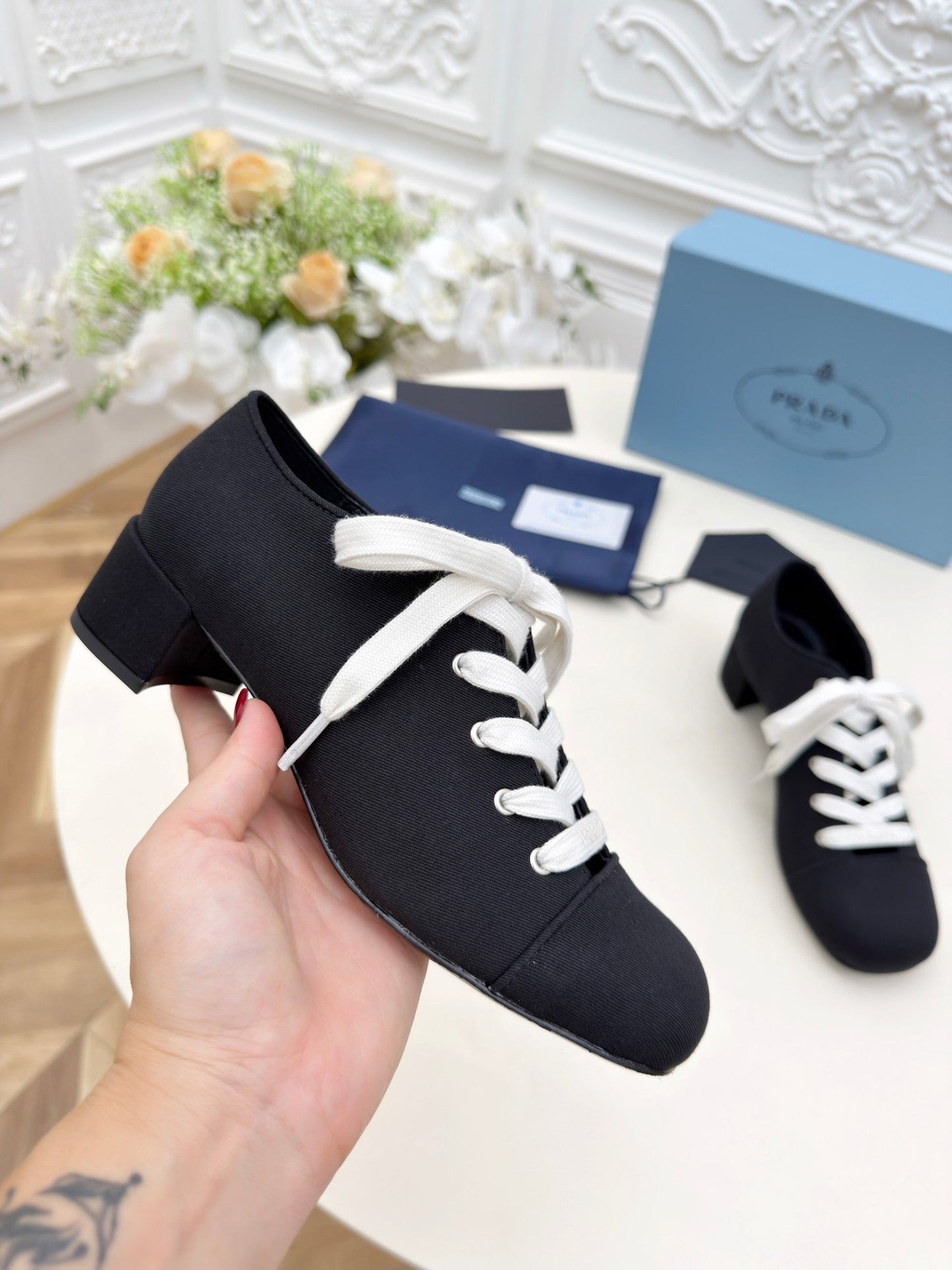 PRADA 25S MARY JANE SHOES 55 MM IN BLACK CANVAS FABRIC