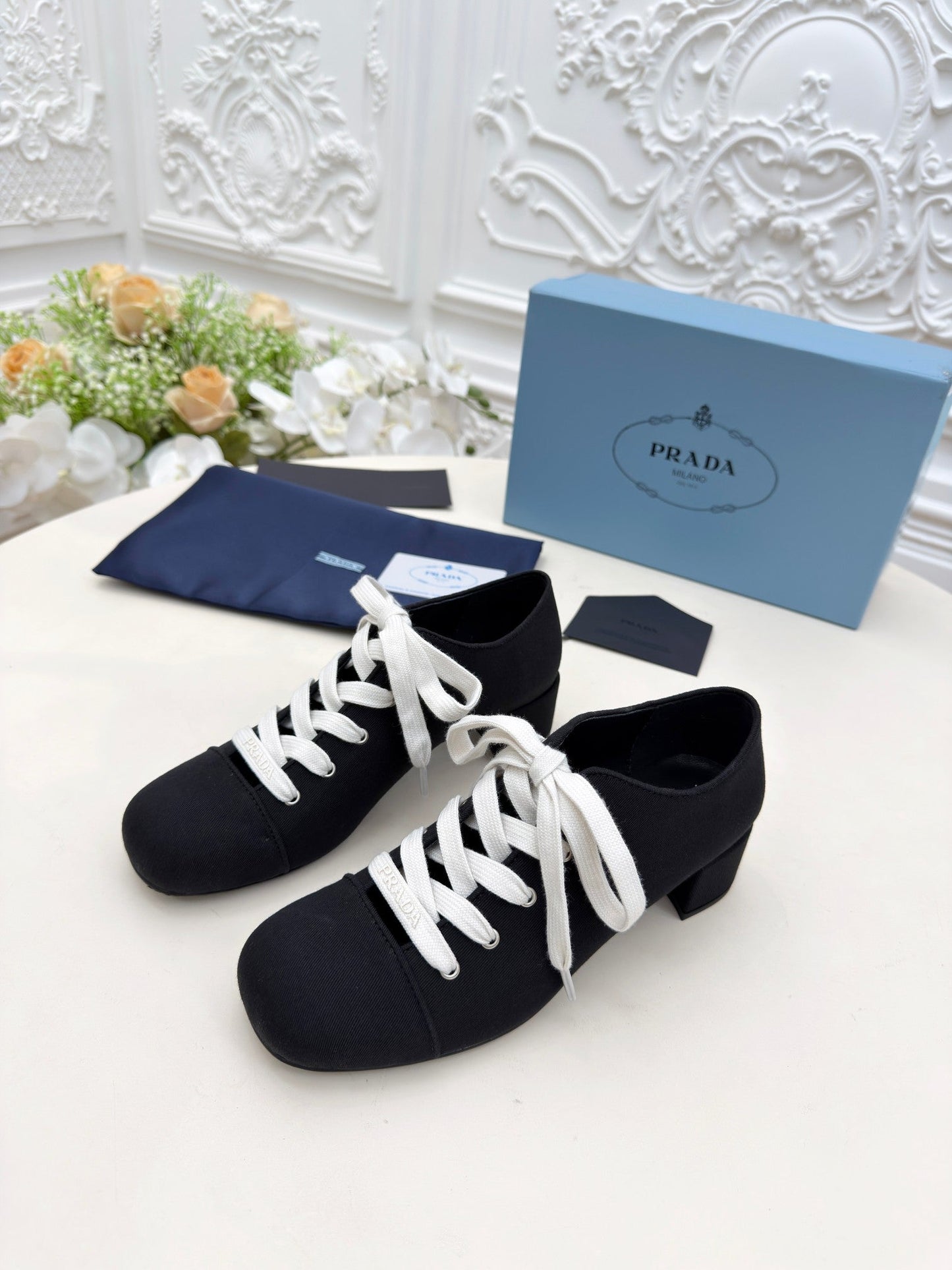 PRADA 25S MARY JANE SHOES 55 MM IN BLACK CANVAS FABRIC