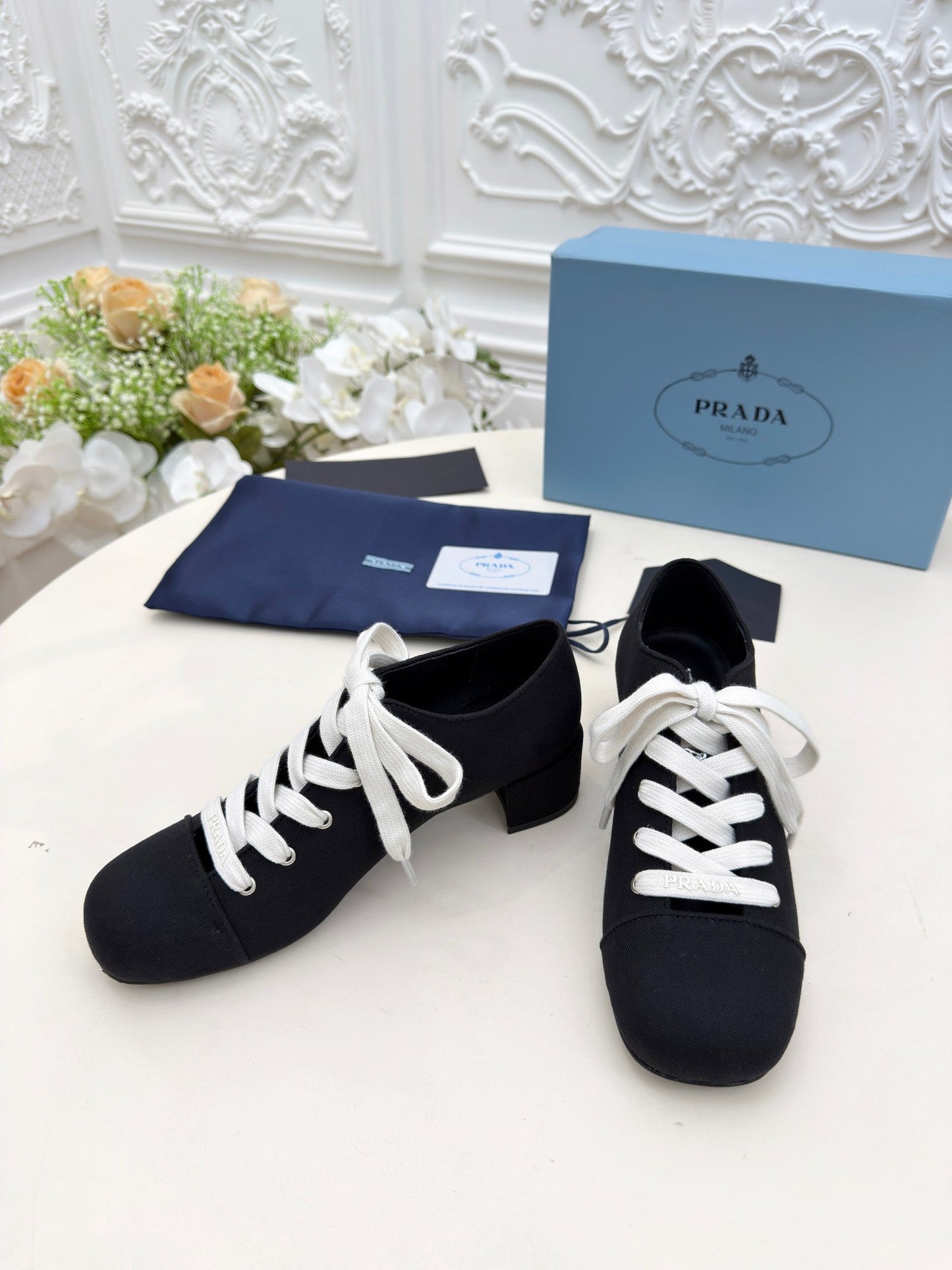 PRADA 25S MARY JANE SHOES 55 MM IN BLACK CANVAS FABRIC