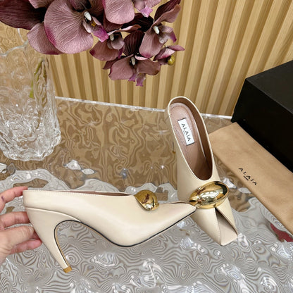 ALAIA AZZEDINE HIGH HEELS IN  BEIGE CREAM CALFSKIN WITH GOLD HARDWARE