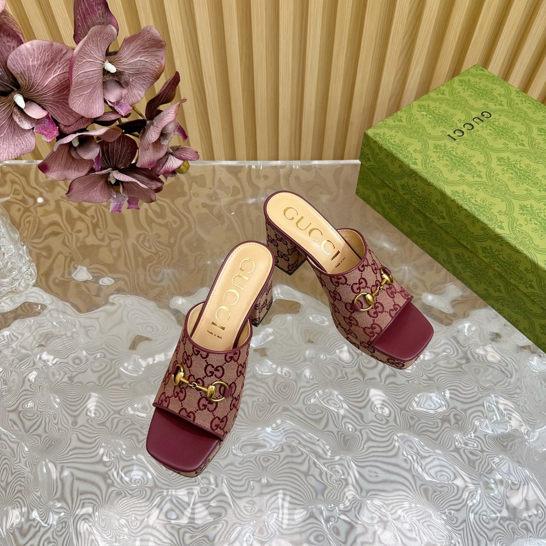 HORSEBIT SLIDE SANDAL IN WINE RED MONOGRAM CANVAS AND SHEEPSKIN LINING