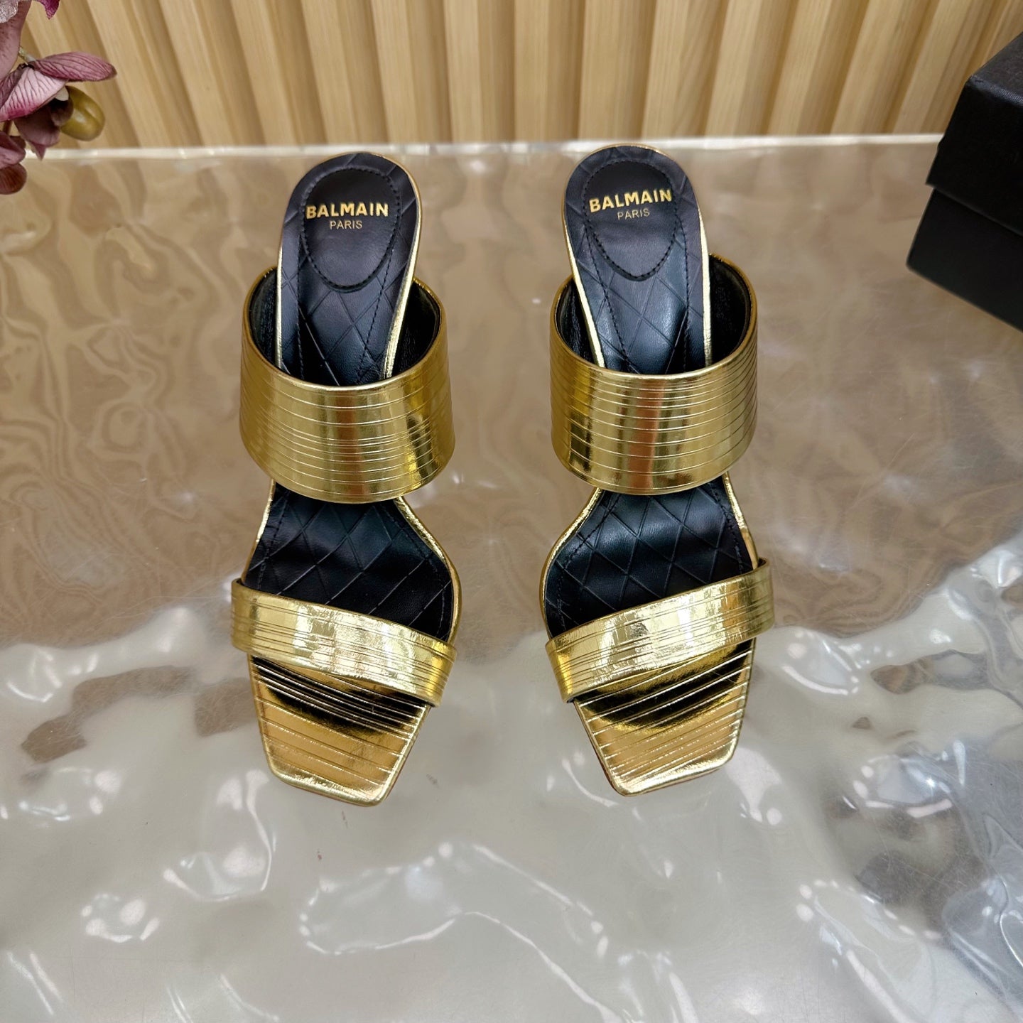 BALMAIN 25S MULES IN STRIPED LEATHER 95MM IN GOLD CALFSKIN