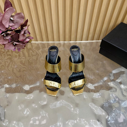 BALMAIN 25S MULES IN STRIPED LEATHER 95MM IN GOLD CALFSKIN