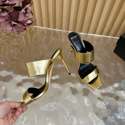BALMAIN 25S MULES IN STRIPED LEATHER 95MM IN GOLD CALFSKIN