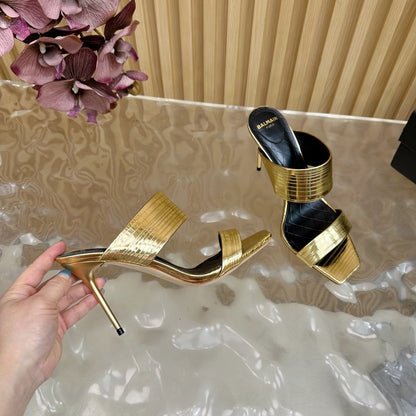 BALMAIN 25S MULES IN STRIPED LEATHER 95MM IN GOLD CALFSKIN