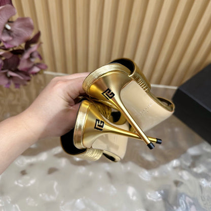 BALMAIN 25S MULES IN STRIPED LEATHER 95MM IN GOLD CALFSKIN