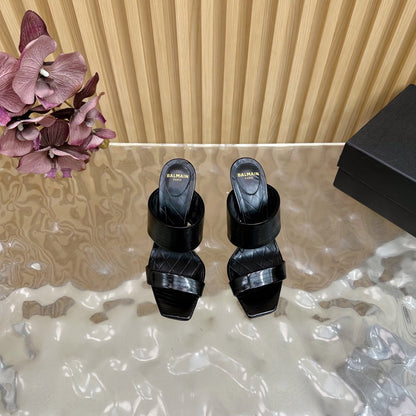 BALMAIN 25S MULES IN STRIPED LEATHER 95MM IN BLACK CALFSKIN