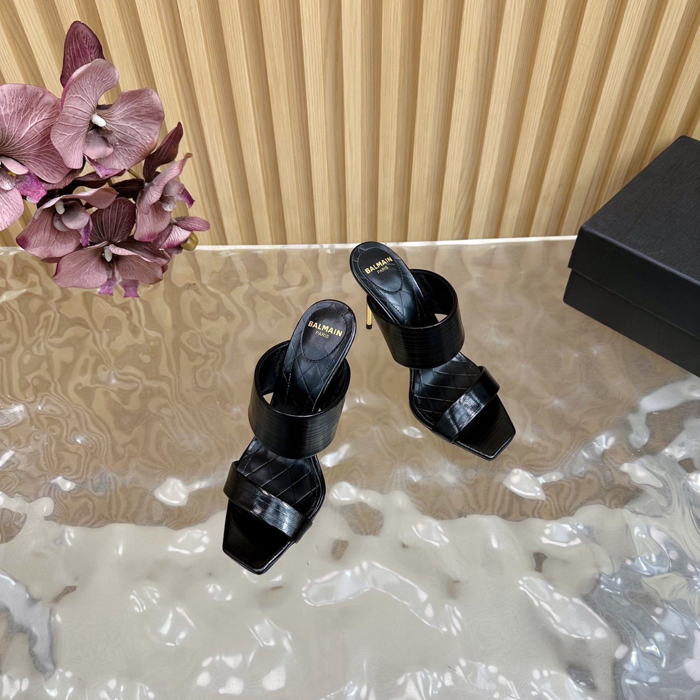 BALMAIN 25S MULES IN STRIPED LEATHER 95MM IN BLACK CALFSKIN