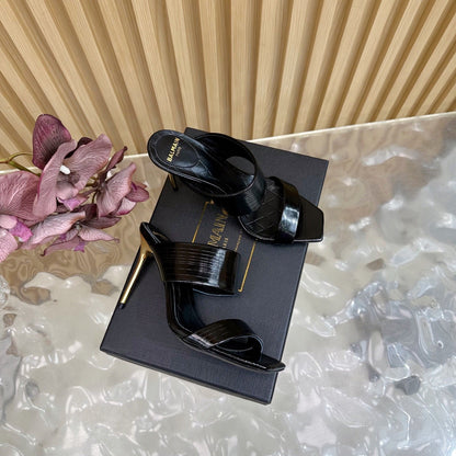 BALMAIN 25S MULES IN STRIPED LEATHER 95MM IN BLACK CALFSKIN