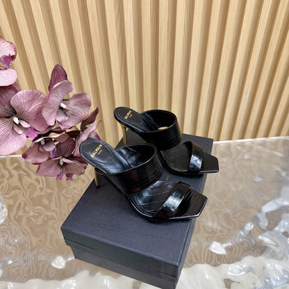 BALMAIN 25S MULES IN STRIPED LEATHER 95MM IN BLACK CALFSKIN