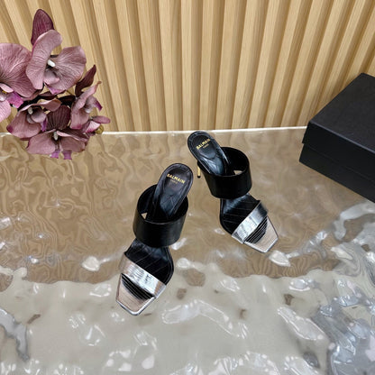 BALMAIN 25S MULES IN STRIPED LEATHER 95MM IN BLACK AND SILVER CALFSKIN