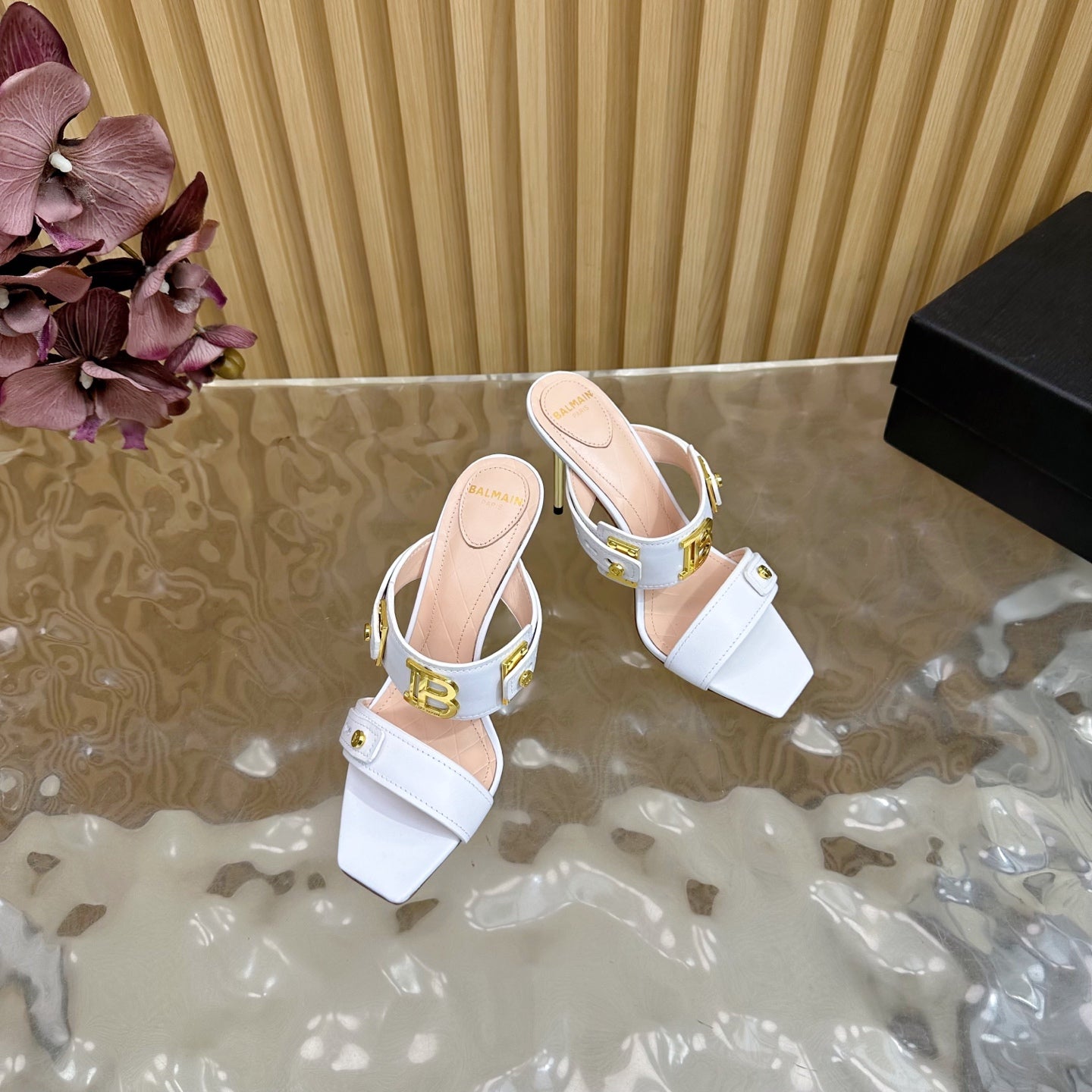 BALMAIN 25S MULES IN STRIPED LEATHER 95MM IN WHITE CALFSKIN GOLD HARDWARE