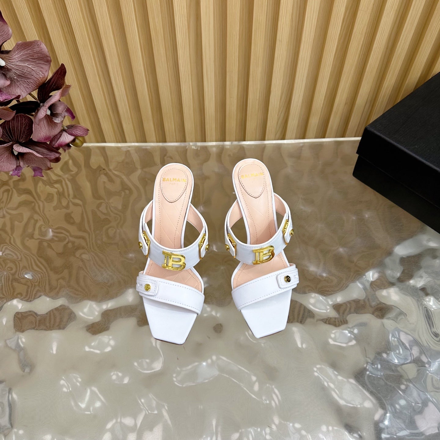 BALMAIN 25S MULES IN STRIPED LEATHER 95MM IN WHITE CALFSKIN GOLD HARDWARE