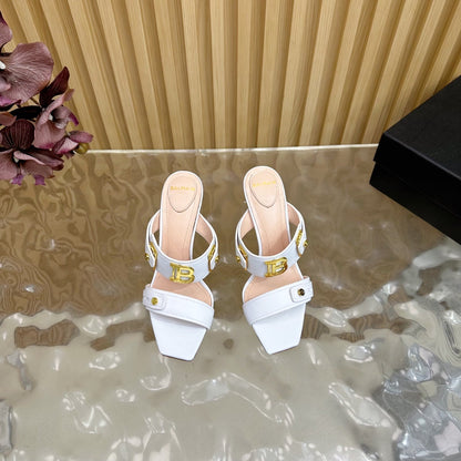 BALMAIN 25S MULES IN STRIPED LEATHER 95MM IN WHITE CALFSKIN GOLD HARDWARE