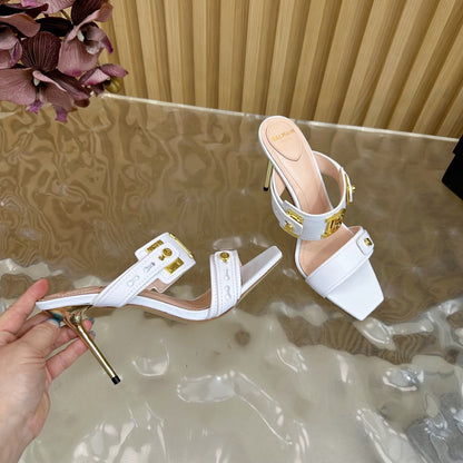 BALMAIN 25S MULES IN STRIPED LEATHER 95MM IN WHITE CALFSKIN GOLD HARDWARE