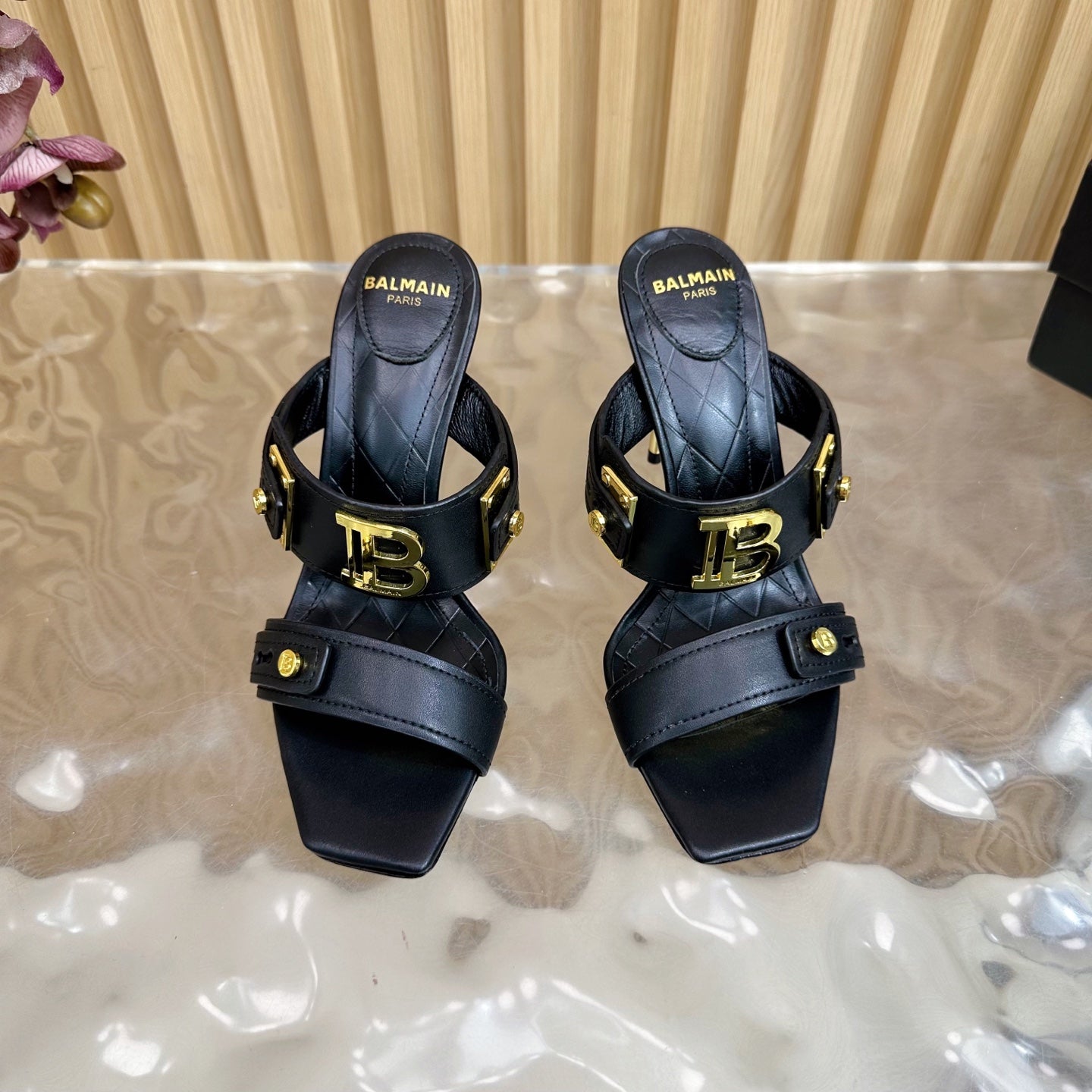 BALMAIN 25S MULES IN STRIPED LEATHER 95MM IN BLACK CALFSKIN GOLD HARDWARE