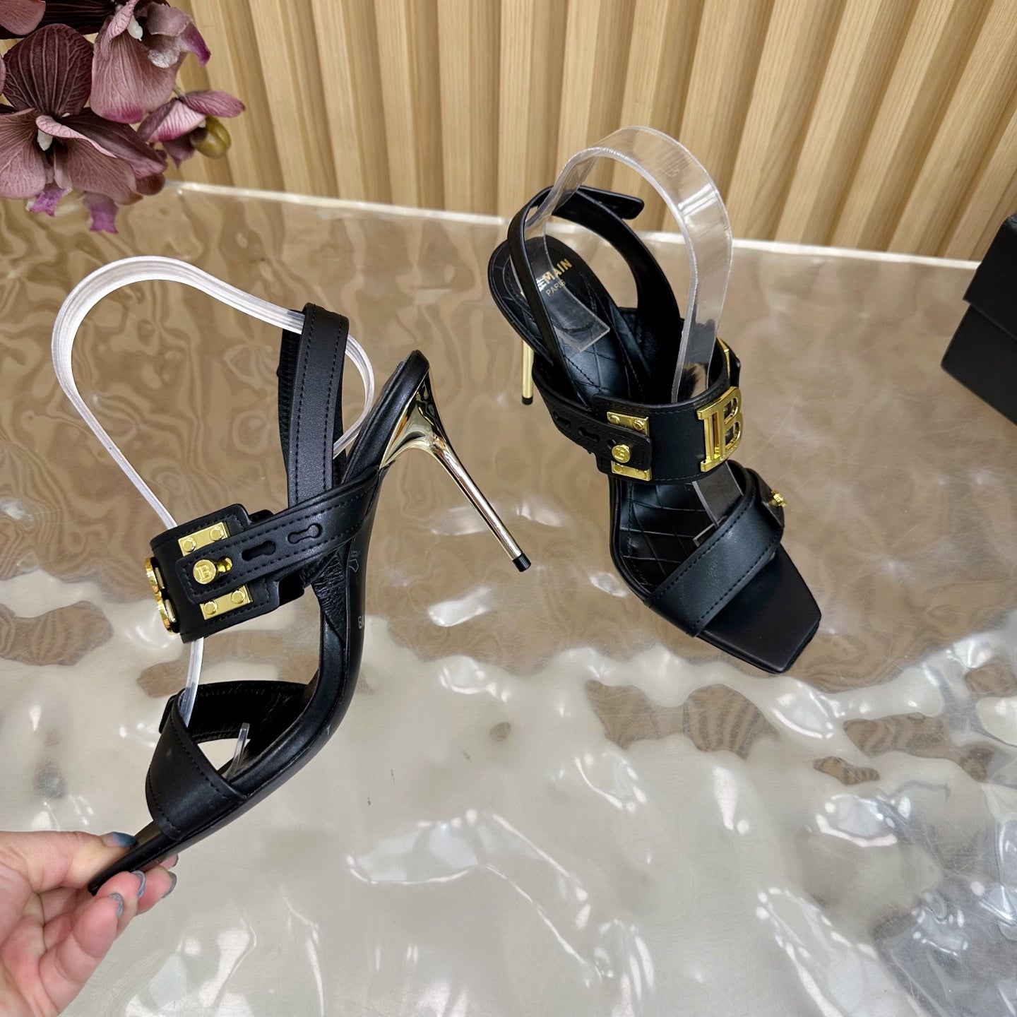 BALMAIN 25S RHINESTONE STILETTO SANDALS 95MM IN BLACK CALFSKIN