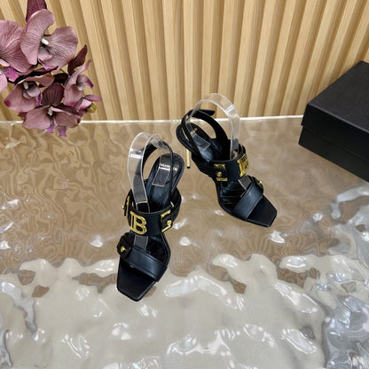 BALMAIN 25S RHINESTONE STILETTO SANDALS 95MM IN BLACK CALFSKIN